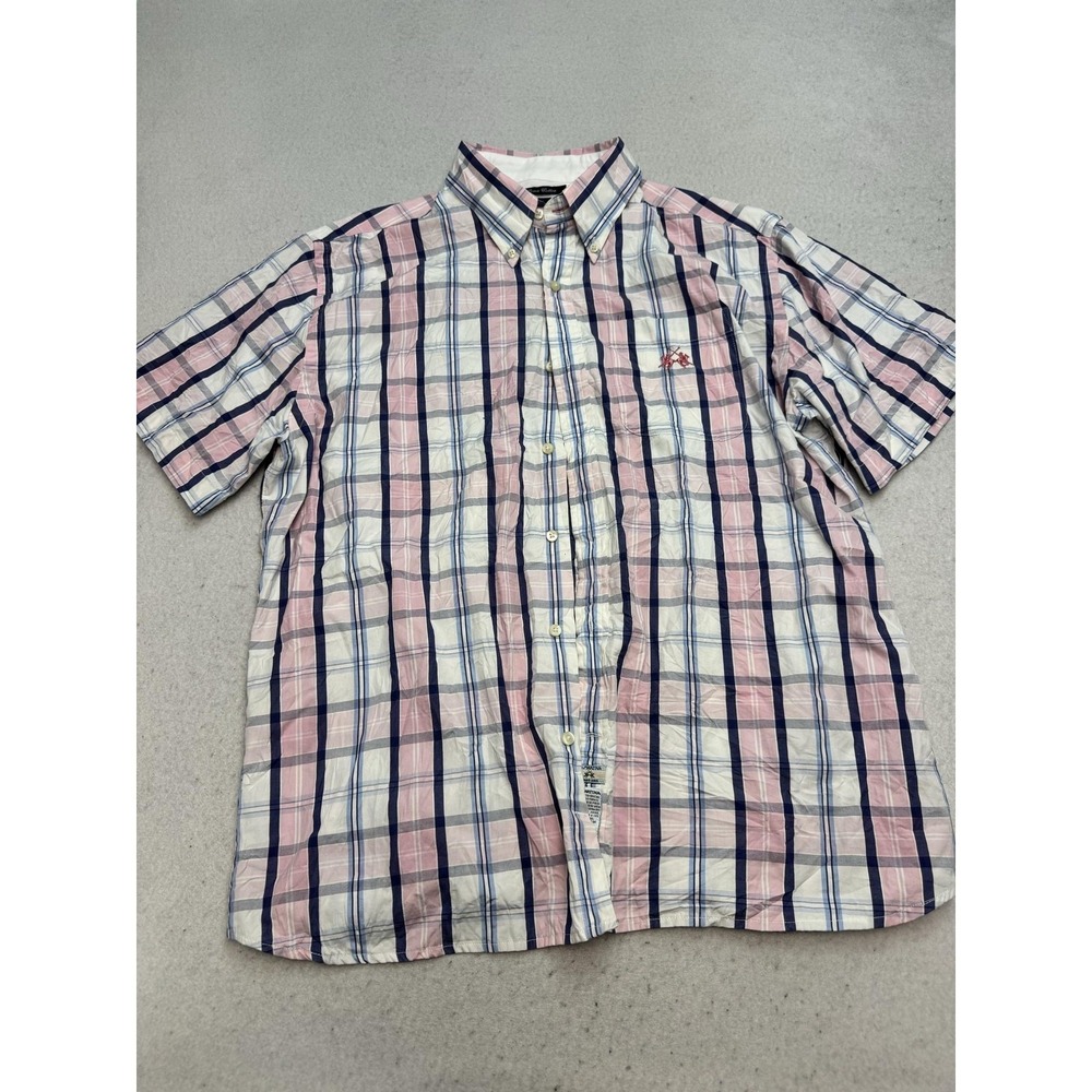 La Martina Shirt Mens Large Pink Blue Plaid Short Sleeve Button Down Casual
